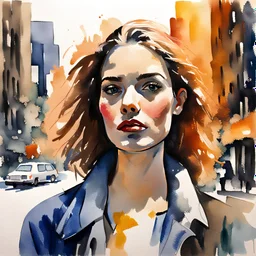 A portrait of a young American woman in New York painted in watercolours and oils by expressionist in large brush strokes