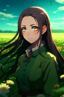 Demon slayer screencap of a female with long dark stright hair and big green eyes. Beautiful background scenery of a flower field behind her. With studio art screencap.