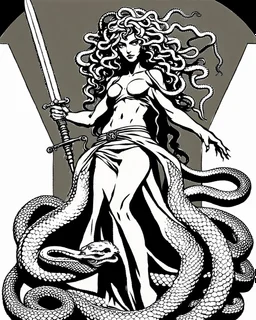 detailed persona, female, sword in hand, gorgon medusa, half turn, full height, leans on one leg, snakes on the head instead of hair