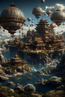 This planet features massive floating monasteries inspired by ancient Asian and Tibetan architecture. The anomaly here is the result of terraforming efforts by the enigmatic Remnants, who left behind the floating structures and an energy field that distorts gravity , photo-realistic, shot on Hasselblad h6d-400c, zeiss prime lens, bokeh like f/0.8, tilt-shift lens 8k, high detail, smooth render, down-light, unreal engine 5, cinema 4d, HDR