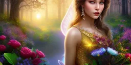 bright fairy, beautiful portrait, flowery landscape