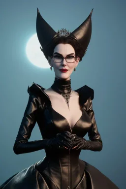 Carmen Dell`orifice as evil queen in black leather, leather, busty, cleavage, angry, stern look. character design by cory loftis, fenghua zhong, ryohei hase, ismail inceoglu and ruan jia. unreal engine 5, artistic lighting, highly detailed, photorealistic, fantasy