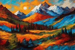 Mountainscape Pattern masterfully detailed, vibrant created with spatulated oil painting techniques, featuring thick, impasto strokes, grunge scratches, and deposit of saturated oil pigments in the style of Van Gogh.