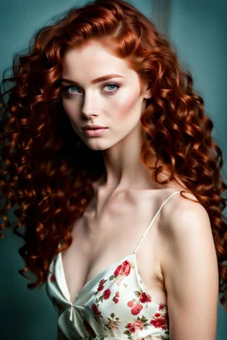 portrait of a 18 year old beautiful woman with long curly red hair wearing a silk camisole