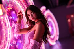 si fi a 3d recursive mandlebulb fractal environment color and light an extra beautiful supper modern girl wearing modern clothing gracefully posing full body shot