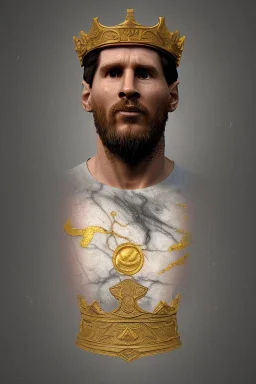 Realistic image, lionel Messi sculpture made of marble with gold veins, gold laurel leaves crown, gold ornaments, Renaissance style, sun rays background, waist up portrait, epic, celestial, cinematic lighting, God lights, 4k resolution, smooth details, soft lighting, unreal engine 5, art station, substance 3d.