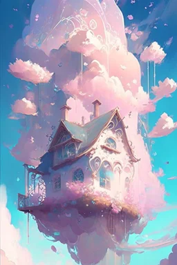 A whimsical dwelling delicately constructed entirely of ethereal clouds evocative of a dreamy landscape floating somewhere between heaven and earth, Dreamy, Pastel colors, Vibrant lighting, Highly detailed, Digital painting, Artstation, Concept art, Magical, Sparkling, Enchanting, art by victoria skitt, pascal campion, Loish, Trending on deviantart.