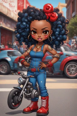 whimsical illustration of the chibi cartoon character, a voluptuous black female in a blue jean outfit with biker boots. Her prominent makeup and hazel eyes, along with her detailed red bantu knots, are featured in this image, set against the background of a lively bike show.