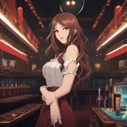 anime style, An Arrogant-Looking Young Woman With Pale Skin, Red Eyes, And Long Brown Hair. In a nightclub. High Definition, Greg Rutkowski, 8k Resolution, Intricate Details