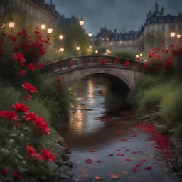 Macro de un puente sobre un arroyo, flores rojas en la orilla, París 1900, alto nivel de detalles, noche lluviosa