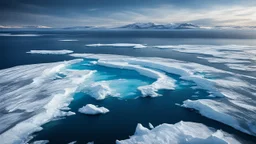 An aerial view of the polar ice caps, dramatically melting into the ocean. Large chunks of ice break off and float away, leaving behind deep, dark blue water. In the distance, polar bears struggle to find solid ground. Beautiful award-winning photograph, inspiring, rule of thirds, balanced delightful composition, perfect lighting, superb detail, 16k render