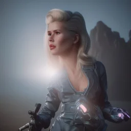 Ultra Realistic retro sci-fi movie scene, waist up view portrait, blonde woman pointing a gun, sweet young Claudia Schiffer face, perfect iris, glow eyes, makeup, weapon. Drones background, Retro sci-fi style, helmet, tight latex coat, fog, rain, soft color, highly detailed, unreal engine 5, ray tracing, RTX, lumen lighting, ultra detail, volumetric lighting, 3d, finely drawn, high definition, high resolution.