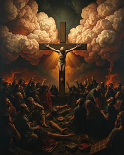 Bosch painting style, nightmare , sinners people suffering in hell crying for mercy , dramatic, great quality picture with cinematic scenes , do not show the cross , show heavy clouds