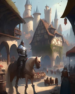 A medieval fantasy village, bustling with market stalls, armored knights on horseback, and a towering castle overlooking the scene.