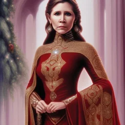 pltn style, beautiful photorealistic carrie fisher, hazered, jeweled veil, tall, slender, long hair, smooth, flawless skin, deep, mysterious eyes, red gown, intricate beading, sparkling jewels, diamonds, rubies, regal, dignified, graceful, fluid, ethereal quality, light steps, roses, jasmine scent, shimmering light, spirit, hope, joy, mortal, extraordinary beauty, charm, mystery, legend, fascination, cute big circular reflective eyes, Pixar render, unreal engine cinematic smooth, intricate