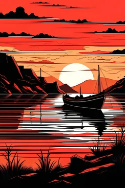 Delve into the tranquility of a coastal landscape art, featuring a fishing boat at a lake during sunset. The flat background style and darkly romantic illustration, in hues of dark amber and red, evoke a sense of serene beauty.