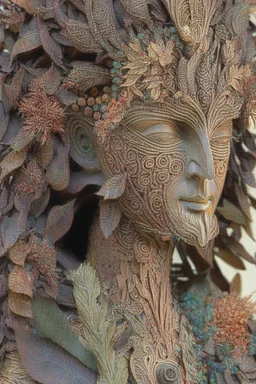 Janus-faced statue made out of quilling such as wood, foliage, feathers, beads, and flowers with a single eye at Burning Man: insanely detailed; quilling; elegant, fantasy, rose tones, beautiful, rapturous