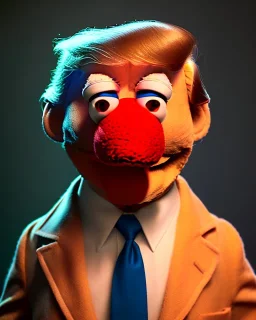 Waist up Portrait, Donald trump muppet, Sesame Street style, Wes Anderson style, photo studio, unreal engine 5, god lights, ray tracing, RTX, lumen lighting, ultra detail, volumetric lighting, 3d.