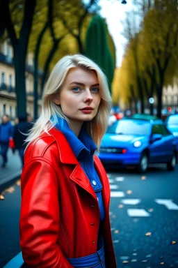 Créé une femme de 20ans aux traits naturels avec le visage fin, on l'a vois de loin dans les rue de paris , elle blonde aux yeux bleus avec une veste rouge, un jeans bleu, des chaussures noir et un sac à main noir, les arbres sont verts et derrière elle, les voitures de luxe sont garés sur le côtés.