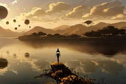 A skinny woman with black hair, in a gold and black android suit, standing, looking out over a lake, with flying dandelion heads with octopus tentacles, with tall narrow cloud trees in the distance