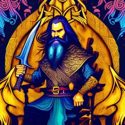 viking holger danske,long swirling beard and hair, his sword is golden, siting on his throne with wolfes on each side, alkohol ink, background swirley colorful with painted dragon on the wall, background colorful