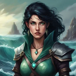 dungeons & dragons; digital painting; female; warlock; black hair; sea green eyes; sailor; the fathomless; ocean; deep sea; soft light; soft; young; leather armor; clothes for sea travel