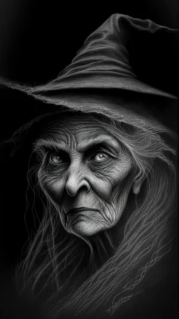 pencil drawing of old witch, Spooky, scary, halloween, realistic, black paper