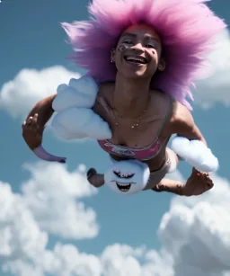 Ultra realistic speed clouds sky scene, wide angle view, sweet childs falling down, inflatable color clothing, free jumping flying, many trinkets, monster hair, hair monster, many jelly beans, balls, smile, happy, circus style, extreme, wind, clouds sea, 20,000 feet altitude, stratosphere, soft color, highly detailed, unreal engine 5, ray tracing, RTX, lumen lighting, ultra detail, volumetric lighting, 3d, finely drawn, high definition, high resolution.