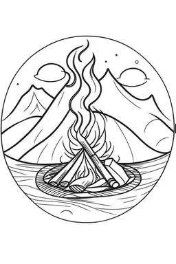 campfire minimalistic, line art, background, vector, svg, coloring page, black outline on white background