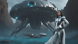 woman with dark hair in a silver robotic catsuit, standing on a futuristic alien beach with a crashed spaceship in the water, with mushrooms with octopus tentacles flying in the air