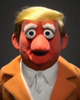 Waist up Portrait, Donald trump muppet, Sesame Street style, retro style, photo studio, unreal engine 5, god lights, ray tracing, RTX, lumen lighting, ultra detail, volumetric lighting, 3d.