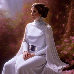 extremely detailed 8k hyperspace wallpaper,complete and photo realistic detailed head to waist stunning photo realistic portrait of carrie fisher as Princess Leia in star wars with photo realistic fine and simple hairstyle, brown eyes, professional majestic photo realistic painting by Ed Blinkey, Atey Ghailan, by Jeremy Mann, Greg Manchess, Antonio Moro, trending on ArtStation, Intricate, High Detail, Sharp focus, dramatic, by greg rutkowski, realism, beautiful and detailed lighting,