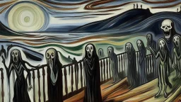 A graveyard filled with screaming ghosts painted by Edvard Munch