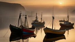 Fishermen’s boats anchored around a Scottish harbour near a fishing village, fishermen putting fishing nets on their boats, mist covering the distance, calm sea, early morning, sunrise, the moment the sun rises, beautiful romantic photograph, excellent composition, atmospheric, realistic