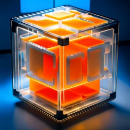 a futuristic translucent neurocube, inside the cube there are partitions made of honeycomb plates