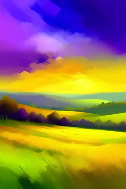 Abstract oil painting landscape background. Colorful yellow and purple sky. oil painting outdoor landscape on canvas. Semi- abstract tree, hill and field, meadow. Sunset landscape nature background