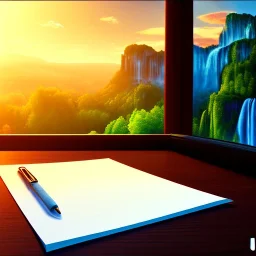 desk, parquet, sheet of paper, little pen, in front of one huge picture window with large view on a waterfall with warm light, sunset ,pixar style, panorama, nature, globe, HD