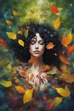 abstract creation of a beautiful girl with black curly hair, surrounded by forest leaves, wrapped around her beautiful body ,glass petals on the ground, summer and bright colours, chaos,