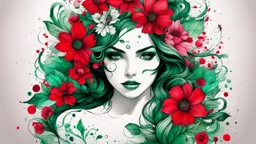 ink design, flower woman, red, green