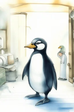 a penguin is an angry boss in a factory, atacking people with money. watercolor.