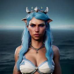 [Sea Elf] [Maormer] Hero Queen with [white hair] and [blue skin] on a ship with crew [fantasy] [realism] [Elder scrolls]