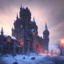 Intricately detailed, Unreal Engine, deep color, dynamic lighting, nightsky, blue, black, fields, abandoned buildings, ruins, cottage, gothic castle, metal, gold,