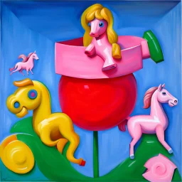 Big pink plastic toy horse.19th painting