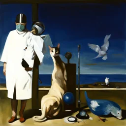 a cat and human flesh-like surgical instruments and universe-like a pigeon and neuralink, surrealism,minimalism,Painting By Adrian Ghenie, Rene Magritte, Salvador Dali, Lucian Freud