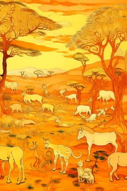 A light rosy orange savanna with animals painted by Vincent van Gogh