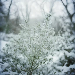 Dusty Miller foliage in the snow, polaroid