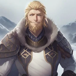 A nord male battlemage from Skyrim, partial steel nordic armor, blond hair of medium length, hearty, smiling, thick short beard, snowy mountainous background