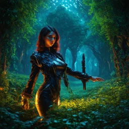 Scene from a modern fantasy movie featuring the "Garden of Practicality", the Clockwork Forest Realm of Ix Chel, Cyberpunk style.