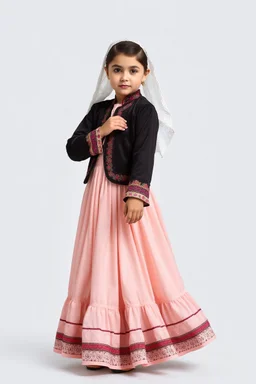 full body 7years old girl ,simple background, full body of very pretty little girl in azeri dance wearing A midi underdress or shirt, often made of silk,A fitted, often velvet or brocade, jacket worn over the shirt.Wide, bell-shaped skirts are worn, often long and layered to create beautiful movements while dancing, with a long lace scarf at back of her head,in relax pose looking at camera.