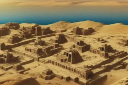 An ancient Egypt city in the year 1500 before Christ with pyramids in the background, beautiful Egyptian temples, ultra realistic, birds eye view, no ruins, vibrant colours, concept art